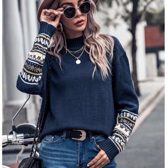 Rouge! Sweaters - Navy Blue High Neck Sweater Nordic Geometric Tribal Aztec Print Pullover Knit